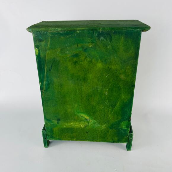 Folk Art Hand Painted Wood Green Small Box Doll Armoire 9 3/8 x 7 3/16 x 3 7/8” - Picture 5 of 6